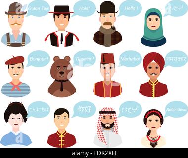 Set - ritratti, avatar cartoni animati di persone di diverse nazionalità provenienti da tutto il mondo paesi in costumi nazionali. Le persone si salutano a vicenda Illustrazione Vettoriale