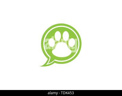 Paw all'interno di una chat icona e simbolo di impronta logo design illustrazione in forma Illustrazione Vettoriale