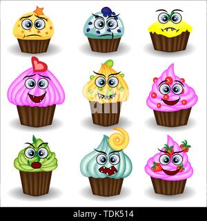 Carino e colorato stile kawaii muffin alla raccolta di emoticon che esprimono differenti emozioni e sentimenti. Illustrazione Vettoriale