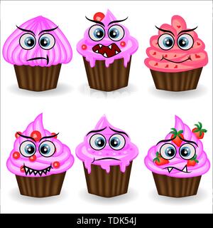 Carino e colorato stile kawaii muffin alla raccolta di emoticon che esprimono differenti emozioni e sentimenti. Illustrazione Vettoriale