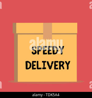 Testo della Grafia pronta consegna. Foto concettuale di fornire prodotti in modo veloce o la spedizione lo stesso giorno overseas Close up vista frontale aperta di cartone marrone Foto Stock