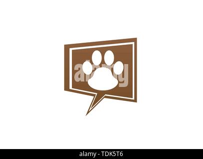 Paw all'interno di una chat icona e simbolo di impronta logo design illustrazione in forma Illustrazione Vettoriale