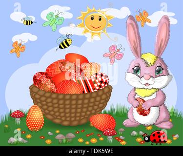 Conigli pasquali in prossimità del cesto con uova di Pasqua nel prato, il sole, farfalle, la molla. Spazio di copia Illustrazione Vettoriale