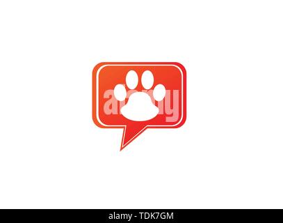 Paw all'interno di una chat icona e simbolo di impronta logo design illustrazione in forma Illustrazione Vettoriale