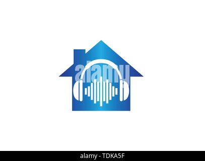 Cuffie con battiti musicali, Cuffia Logo design illustrazione in una casa forma Icona home Illustrazione Vettoriale