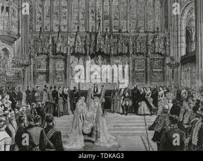 Casamiento de SS. AA. RR. celebrado el 27 de abril. Palacio de Windsor (Inglaterra). Los Duques de Albany: El Principe Leopoldo del Reino Unido (1853-1884), hijo menor de la Reina Victoria de Inglaterra y la princesa Elena de Waldeck-Pyrmont (1861-1922). Ceremonia de la bendición nupcial, en la Capilla Real de San Jorge. Grabado por Tomás Carlos Capuz (1834-1899). La Ilustración Española y Americana, 15 de mayo de 1882. Foto Stock