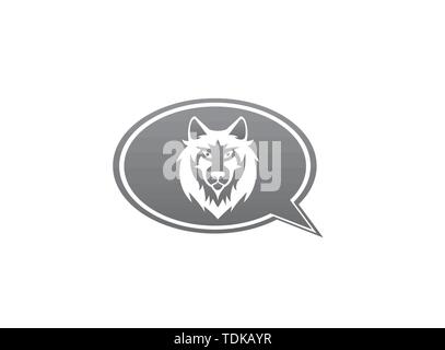 Testa di lupo e volto alla ricerca di fronte in una chat icona per logo design illustrazione vettore su sfondo bianco Illustrazione Vettoriale