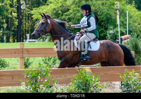 Raeford, North Carolina, Stati Uniti d'America. 16 Giugno, 2019. Giugno 15, 2019 - Raeford, North Carolina, Stati Uniti d'America - KYLIE Carretti a cavallo il sig. Mojo compete in cross-country al 2019 War Horse serie evento, giugno 15 a Carolina Horse Park in Raeford, N.C. Fondata nel 2013 come filiale di cabina Serie evento, il War Horse serie evento consiste di cinque prove a cavallo e prove combinate e attira piloti e i loro cavalli da tutta la parte orientale degli Stati Uniti. Credito: Timothy L. Hale/ZUMA filo/Alamy Live News Foto Stock