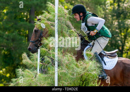 Raeford, North Carolina, Stati Uniti d'America. 16 Giugno, 2019. Giugno 15, 2019 - Raeford, North Carolina, Stati Uniti d'America - KYLIE Carretti a cavallo il sig. Mojo compete in cross-country al 2019 War Horse serie evento, giugno 15 a Carolina Horse Park in Raeford, N.C. Fondata nel 2013 come filiale di cabina Serie evento, il War Horse serie evento consiste di cinque prove a cavallo e prove combinate e attira piloti e i loro cavalli da tutta la parte orientale degli Stati Uniti. Credito: Timothy L. Hale/ZUMA filo/Alamy Live News Foto Stock