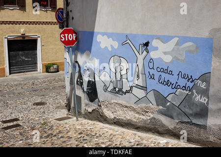 Oliena, Italia. Il giorno 08 Giugno, 2019. I murales dipinti sulle pareti, famosa in grande formato di murales di questa regione, può essere visto nelle strade. Gli argomenti sono entrambi gli eventi internazionali come la guerra del Vietnam, la lotta partigiana durante il fascismo e gli eventi locali. Uno dei più importanti è il successo della lotta della popolazione contro una zona di addestramento militare prevista dalla NATO nel 1969 sull'altopiano di Pratobello. Credito: Jens Kalaene/dpa-Zentralbild/ZB/dpa/Alamy Live News Foto Stock