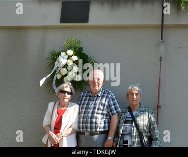 Tre superstiti di obliterazione del villaggio di Lidice, Boemia centrale, dai nazisti nel 1942, Pavel Horesovsky (centro), Libuse Souckova (destra) e Marie Supikova (sinistra), che erano bambini poi visitato il Praga siti connessi con il Lidice abitanti, il 16 giugno 2019. In primo luogo, la "Lidice bambini" di cui fiori in ospedale Thomayer (nell'immagine) in Prague-Krc dove otto bambini neonati da Lidice alloggiato durante la guerra e poi andarono a Dykova Street nel quartiere di Vinohrady per vedere il palazzo che è servito come il segreto della Gestapo istituto dove la gravidanza Lidice le donne sono stati mantenuti. (CTK P Foto Stock