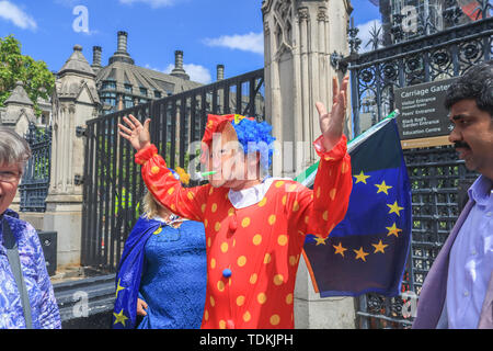 Londra, Regno Unito. 17 Giugno, 2019. Un Pro Europa manifestanti vestito come un clown con un Boris Johnson maschera. Boris Johnson è la capofila e con punta a conquistare il secondo scrutinio per la direzione del partito conservatore che avrà luogo martedì con sei contendenti sinistra Credito: amer ghazzal/Alamy Live News Foto Stock