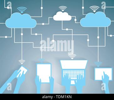 Il Cloud Computing carta ritagliata dispositivi BYOD Rete - Accesso Internet Wifi concetto, EPS10 raggruppati e stratificati Illustrazione Vettoriale