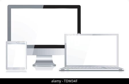 Realistica dettagliata mobile computer e periferiche con il computer portatile, schermo, tablet pc mini tablet e singolarmente a ciascun dispositivo raggruppato e su di un separato denominato l Illustrazione Vettoriale