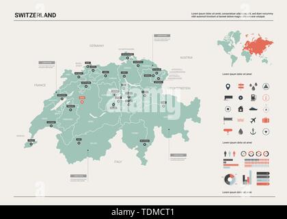 Mappa vettoriale della Svizzera. Mappa del paese con la divisione, la città e la capitale Berna. Mappa politico, mappa del mondo, elementi infografico. Illustrazione Vettoriale