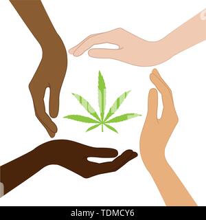 Cannabis leaf nel mezzo di mani umane con diversi colori di pelle illustrazione vettoriale EPS10 Illustrazione Vettoriale