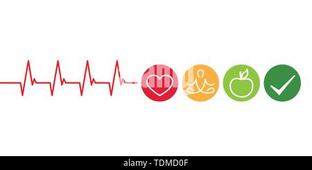 Uno stile di vita sano concetto cardiologia con cuore lo yoga e mela verde illustrazione vettoriale EPS10 Illustrazione Vettoriale