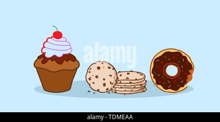 Donut cake muffin chip cookie diversi dolci appena sfornati cibo dessert concetto orizzontale sketch Illustrazione Vettoriale