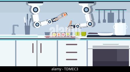 Smart pratico robot chef prepara sushi utilizzando bastoncini assistente robotico innovazione tecnologia di intelligenza artificiale nozione moderna cucina Illustrazione Vettoriale