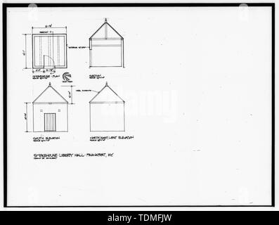 Fotocopia del disegno, SMOKEHOUSE pianta, una sezione in alzato del sud, nord-est-ovest ELEVAZIONE - Liberty Hall, principali e strade Wilkinson, Francoforte, contea di Franklin, KY; Jefferson, Thomas; Brown, John; Marrone, Mason Foto Stock