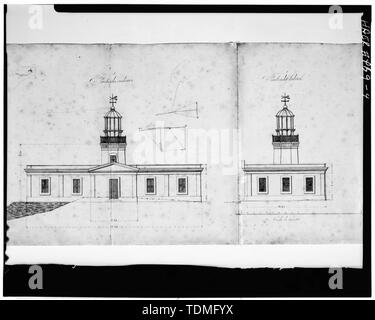 Fotocopia del valore misurato del disegno, circa 1891; entrata elevazione (nord-est) e in elevazione laterale (nord-ovest) - Faro de Punta Tonno, Punta Tonno, Emajagua, Maunabo Municipio, PR; U.S. Del Dipartimento del Commercio degli Stati Uniti; Coast Guard; Faro centrale Commissione; Barbier, Bernard, e Cie; Murphy, Kevin, trasmettitore; Morales, Luis, fotografo; Nistal-Moret, Benjamin, storico Foto Stock