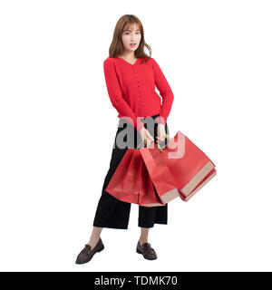 Bella donna di immagine del maglione rosso per il festival di festa Foto Stock