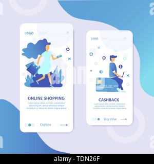 Landing page modello per lo shopping online con piatto persone personaggi e sacchetti. Concetto di sito web banner mobile app modelli, e commerce vendita di Illustrazione Vettoriale