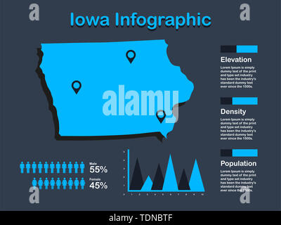 Iowa State University (USA) Mappa con set di elementi infografico in colore blu in uno sfondo scuro. Informazioni moderno elemento di grafica per il tuo design. Foto Stock