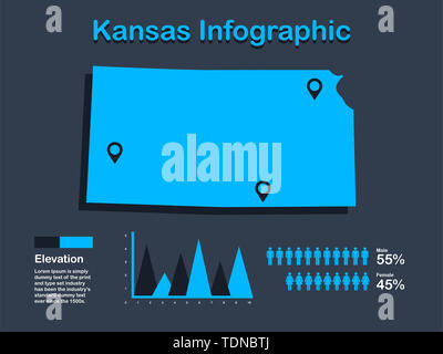 Stato del Kansas (USA) Mappa con set di elementi infografico in colore blu in uno sfondo scuro. Informazioni moderno elemento di grafica per il tuo design. Foto Stock