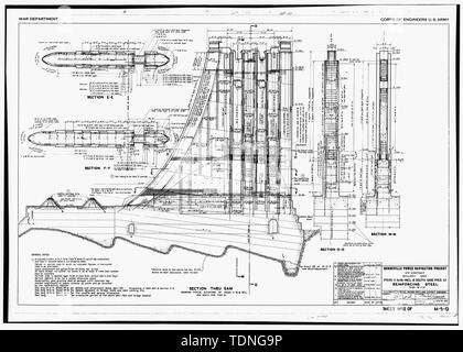Fotocopia della costruzione originale disegno, 29 maggio 1935. (Stampa originale in possesso degli Stati Uniti Esercito di ingegneri, Distretto di Portland, Portland, O.) (M-5-12, Foglio n. 12) sfioratore diga piloni 11 16 INCL. E il lato sud del molo 10 rinforzando acciaio. - Progetto Bonneville, Bonneville Dam, Columbia River, Bonneville, Multnomah County, o Foto Stock