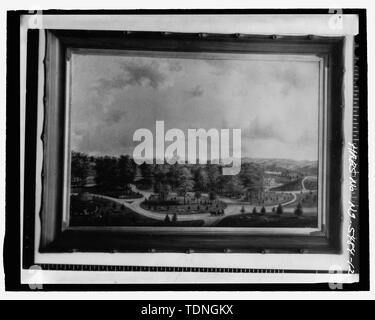 Fotocopia del dipinto originale di H. Critten (originale nella collezione di Miss Ella Zoellner) VISTA AEREA MOSTRA DOWNING PAESAGGISTICO E COTTAGE A DESTRA - Springside, Academy Street, Poughkeepsie, Dutchess County, NY Foto Stock