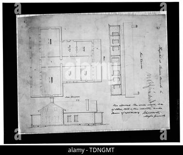 Fotocopia dei piani originali (da archivi nazionali, cartografica della Divisione, gruppo di record 77, Misc. Fortini File, Benicia caserme) Delineatore sconosciuto. Nota datata 27 settembre 1854 Piano e elevazioni - Benicia Arsenal, ospedale, Benicia, Solano County, CA Foto Stock