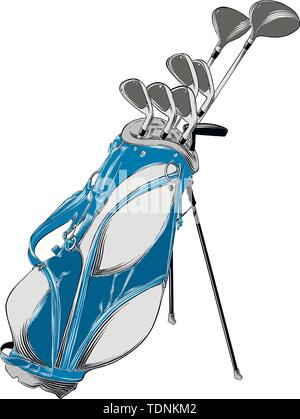 Vettore di disegno della sacca da golf in colore, isolati su sfondo bianco. Illustrazione grafica, disegno a mano. Disegno per poster, decorazione e stampa Illustrazione Vettoriale