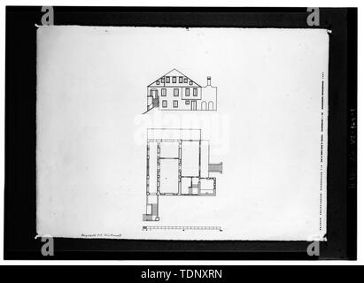 Fotocopia di un disegno misurata (originale delineata dalla Accademia Reale Danese di Belle Arti (Kunstakademiets), Copenaghen, Danimarca, 1961) Piano di primo piano e a ovest ELEVAZIONE - Kongensgade 7-8 (Casa), 7-8 King Street, Christiansted, St. Croix, VI Foto Stock