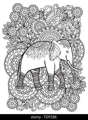 Elefante etnica line art illustrazione vettoriale. Orientaleggiante con fiori e i mandala. Disegnata a mano illustrazione vettoriale. Pagina di colorazione per adulti libro da colorare. Illustrazione Vettoriale