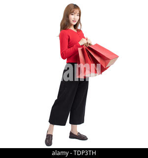 Bella donna di immagine del maglione rosso per il festival di festa Foto Stock