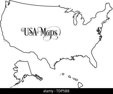 Mappa degli Stati Uniti d'America (USA) illustrazione di contorno su sfondo bianco. Illustrazione Vettoriale