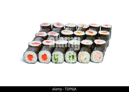Pezzi di sushi raccolta, su sfondo bianco Foto Stock