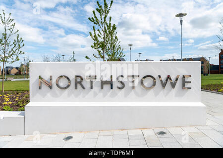 Il segno per Northstowe una nuova città essendo costruito in South Cambridgeshire Regno Unito - un alloggiamento nuovo sviluppo nel Regno Unito Foto Stock