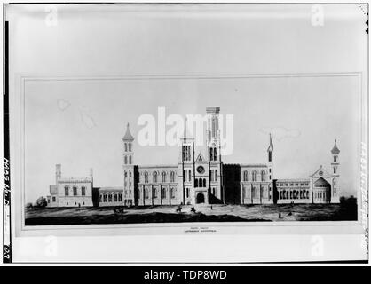 Fotocopia di architetto rendering Renwick dall ufficio, firmato in basso a destra "H. C. Moore relatore può 1848' e firmato in basso a sinistra 'Louis R. Townsend pinxt. Giugno 1848' NORD ANTERIORE, Smithsonian Institution. - Smithsonian Institution Building, 1000 Jefferson Drive, tra il nono e il Dodicesimo strade, Southwest Washington, Distretto di Columbia, DC Foto Stock