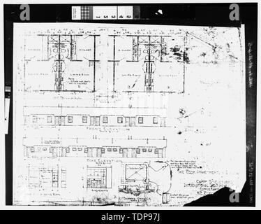 Fotocopia del blueprint (impronta originale si trova in stato di Nevada Historical Society in Reno); funzionalità 9 tipo duplex. W.E. RYBERG COMPANY, "due camera da letto AP(P)ARTMENTS o duplex, CAMP LE STRUTTURE INTERNAZIONALI DI FUSIONE E RAFFINAZIONE CO.,' N.D. - Rame Canyon Camp internazionali di fusione e raffinazione Company, duplex, rame Canyon, Battle Mountain, Lander County, NV Foto Stock