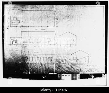 Fotocopia del blueprint (impronta originale si trova in stato di Nevada Historical Society in Reno); edificio non esiste. W.E. RYBERG COMPANY, " il piano e le elevazioni- diesel e il paranco edificio, INTERNATIONAL FUSIONE E RAFFINAZIONE CO.,' N.D. - Rame Canyon Camp internazionali di fusione e raffinazione Company, rame Canyon, Battle Mountain, Lander County, NV Foto Stock