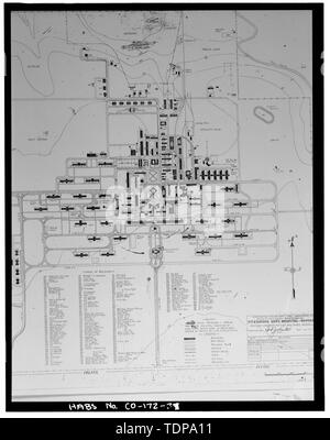 Fotocopia della copia della mappa 1922, riveduta nel 1936. Copia in Fitzsimons Army Medical Center Direzione di opere pubbliche, edilizia 118. - Fitzsimons General Hospital, delimitata da Colfax est a sud, Peoria Street West, Denver City-County e Adams County Line a nord, e DEGLI STATI UNITI Percorso 255 di East Aurora, Adams County, CO Foto Stock