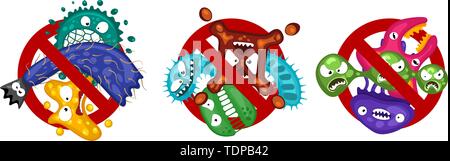 Fermare la diffusione del virus set di simboli. Cartoon caratteri di germe isolato illustrazione vettoriale su sfondo bianco. Carino fly infezione da batteri carattere. Pathoge Illustrazione Vettoriale