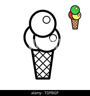 Waffle cup con tre palline di gelato in bianco e nero la linea icona d'arte. Libro da colorare pagina per adulti e bambini. Estate fast food illustrazione vettoriale f Illustrazione Vettoriale