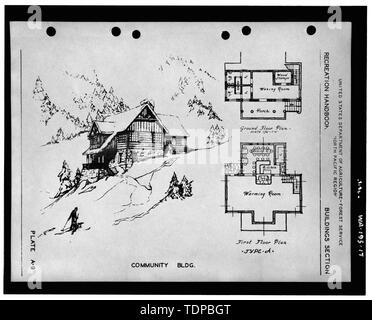 Fotocopia del disegno originale (8 x 10-1-2 pollici targhetta ubicata in- Servizio Forestale USDA, Nord Pacifico, ricreazione handbook, data sconosciuta). Comunità Bldg., piastra A-9 (allargato da un 4x5) negativo - Austin pass capanna di riscaldamento, Washington Highway 542, ghiacciaio, Whatcom County, WA; conservazione civile Corps; Servizio Forestale USDA; Maul, David, trasmettitore Foto Stock