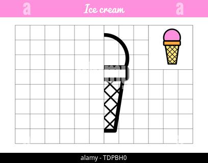 Ice Cream Waffle cup con sfera. Copiare la foto lungo la riga della griglia. Vettore libro da colorare per gioco educativo. Illustrazione con una semplice immagine fo Illustrazione Vettoriale