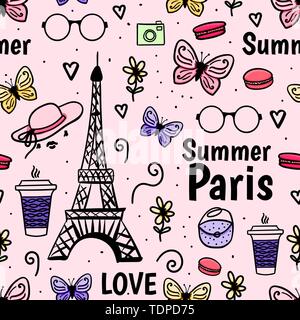 Estate a Parigi con la Torre Eiffel, butterfly. Vector Seamless pattern. Femmina carino sfondo rosa. Illustrazione Vettoriale