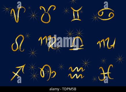 Set di golden segni zodiacali su uno sfondo scuro. Icone quadrate Illustrazione Vettoriale