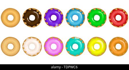 Illustrazione Vettoriale di coloratissimi deliziose ciambelle con vari ingredienti e sapori su sfondo bianco Illustrazione Vettoriale